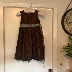 Beautiful Chocolate Children’s Formal Satin Dress with Sea Blue Sash